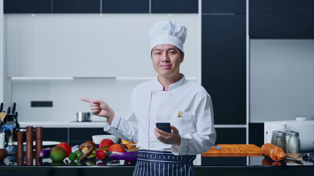 chef usando el teléfono inteligente en la cocina moderna