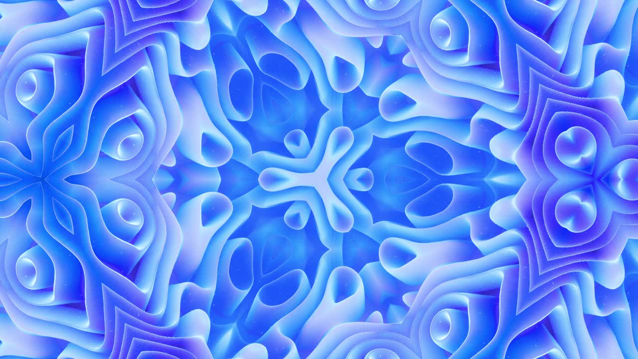 Smooth looped animation of 3d abstract soft matte shape like flower or mandala, symmetrical structure of blue purple velvet material interspersed sequins, changes shapes smoothly cyclical. Gradient