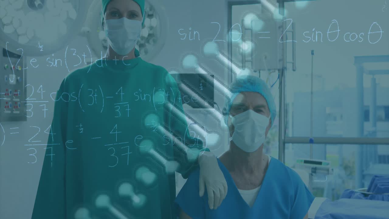 얼굴 마스크를 입은 백인 여성과 남성 외과 의사의 dna를 회전시키는 애니메이션