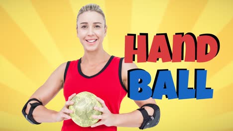 animación de texto de balonmano sobre una jugadora de balonmano caucásica sonriente sosteniendo la pelota