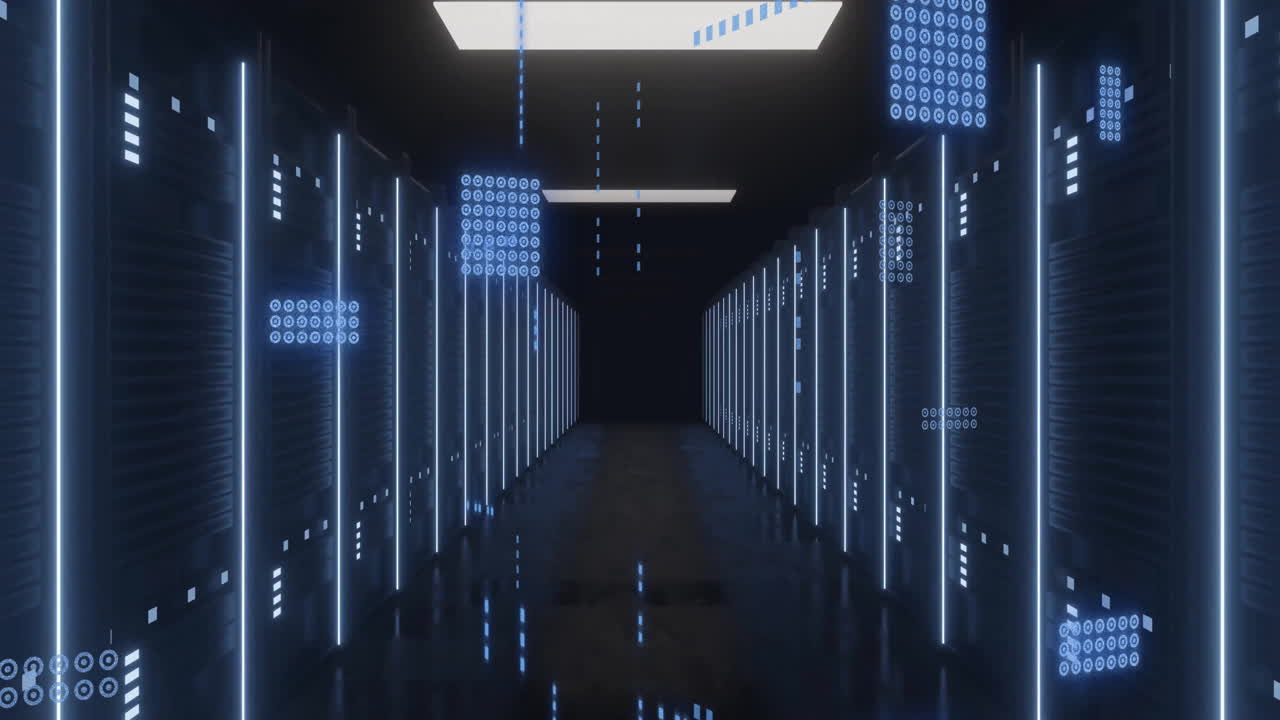 회로판의 애니메이션 및 컴퓨터 서버를 통해 디지털 데이터 처리