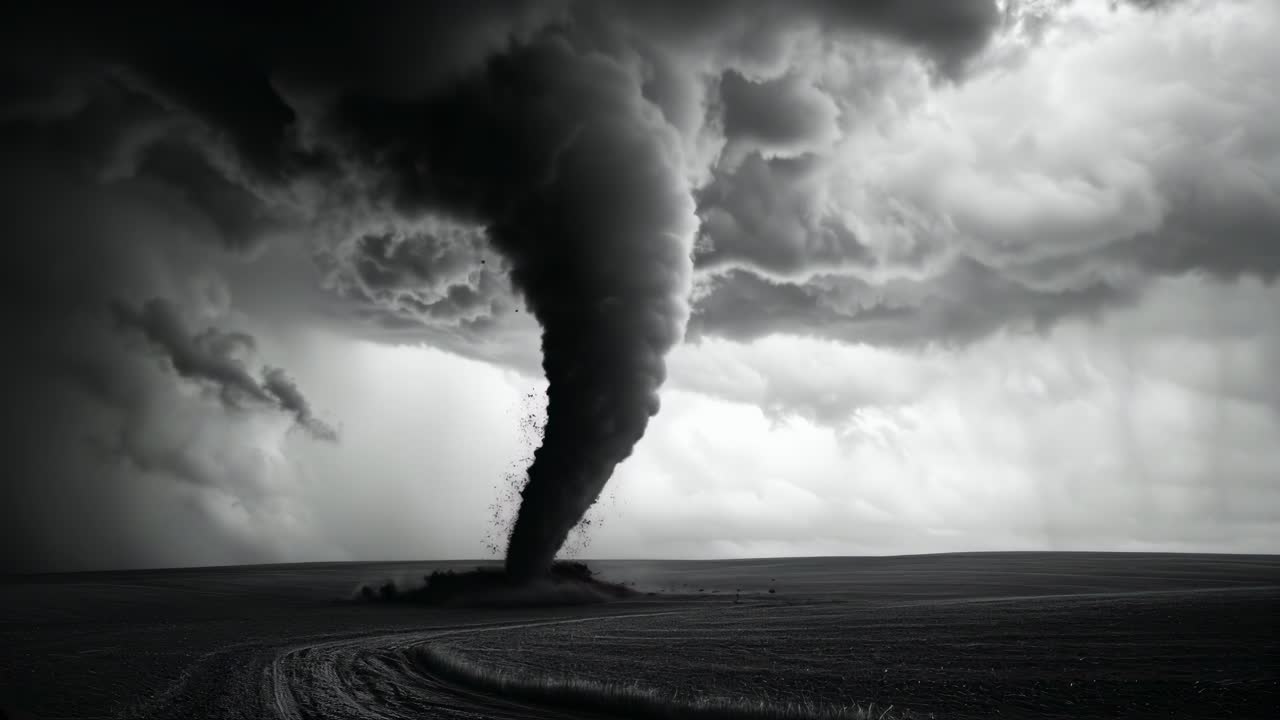 Dramatisk sort-hvid video stillbillede af en tornado på en stor mark, fanget fra en lav vinkel.