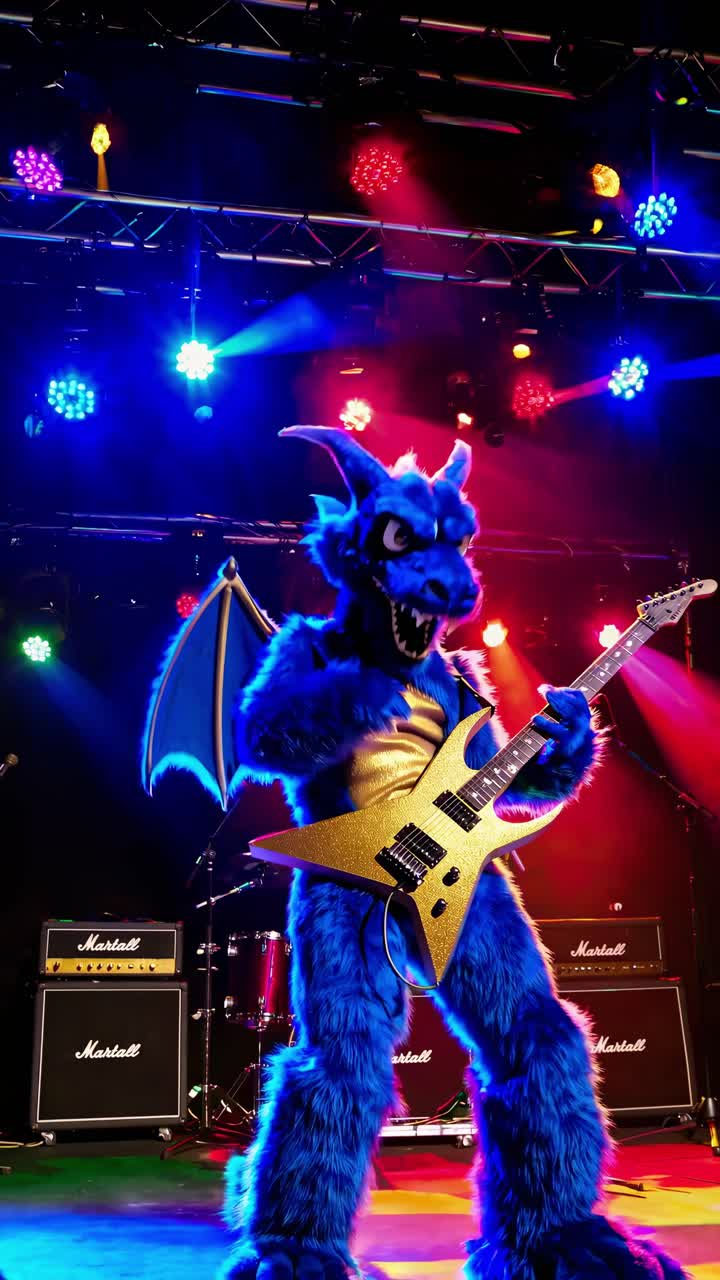 Captivating blue dragon mascot commanding the stage while wielding a golden electric guitar under vibrant, colorful lights, creating an electrifying music and fantasy atmosphere
