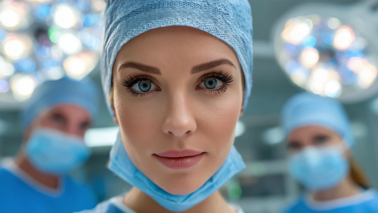 A Close-Up of a Medical Professional in Surgical Attire, Highlighting the Focused Expression in the Operating Room with Colleagues in the Background