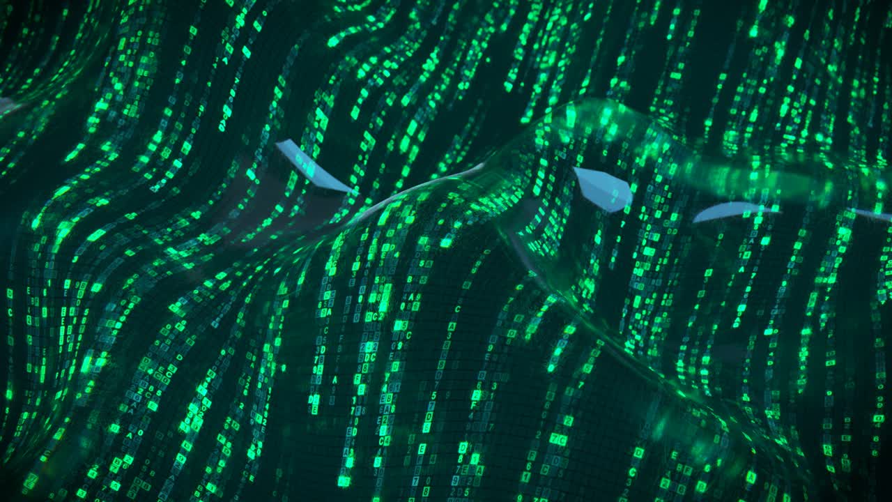 Computer code in flexible screen of soft glass seamless loop 3D render animation