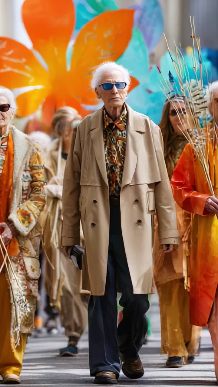 A group of stylish individuals in vibrant attire walking confidently through a lively urban setting, showcasing fashion and cultural expression with creativity and flair