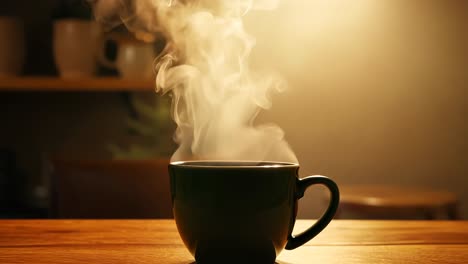 hot coffee in a cup on a wooden table