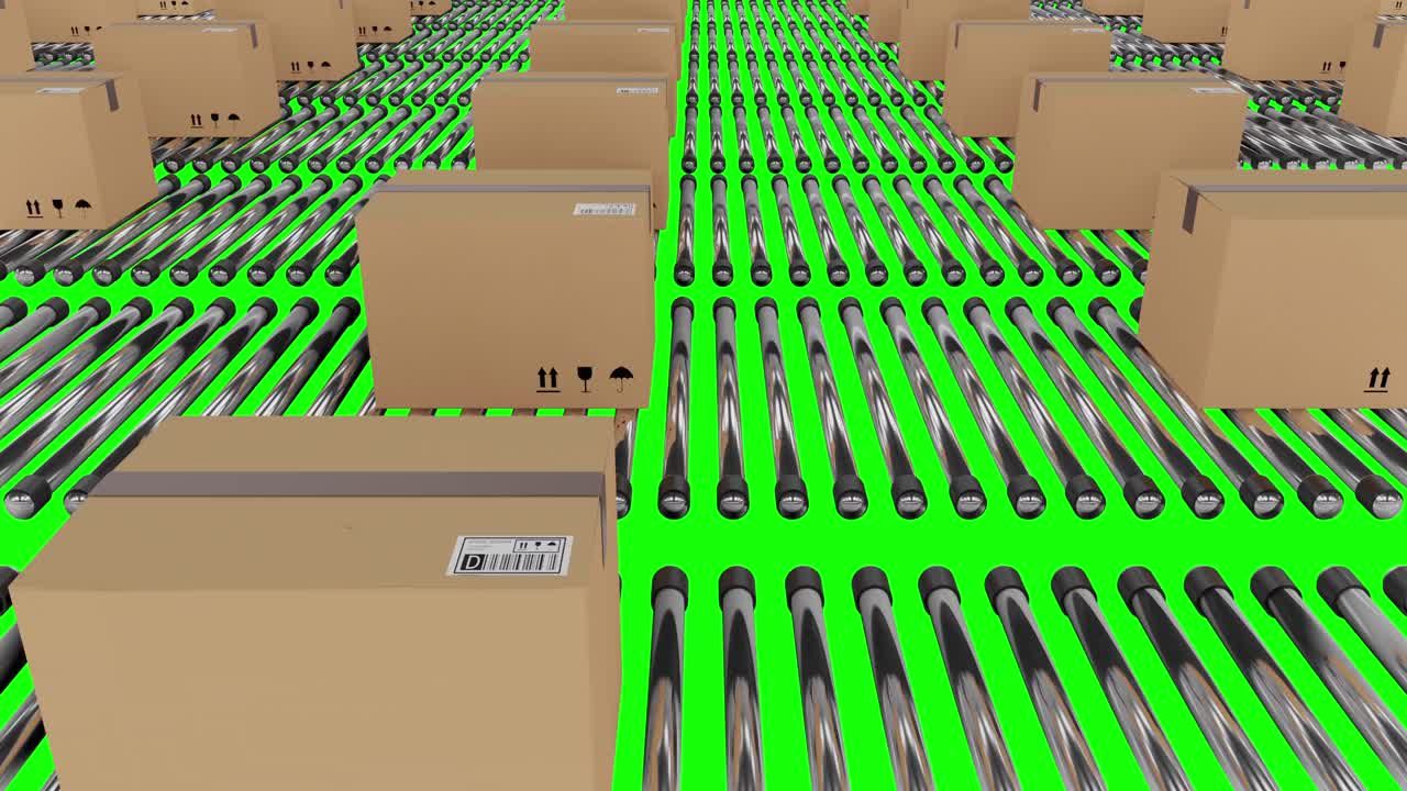 녹색 스크린 배경 을 가진 컨베이어 벨트 에 움직이는 카드보드 포장 상자 의 줄