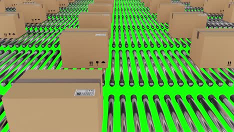 Rows-of-cardboard-packing-boxes-moving-on-conveyor-belts-with-green-screen-background