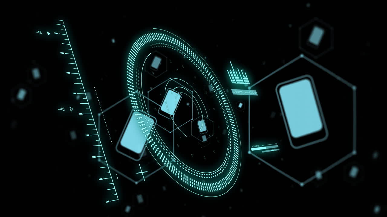 Digital devices and data connectivity animation on black background