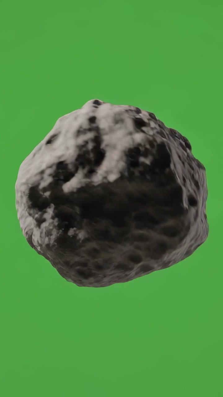 Video verticale: Roccia rotante che rotola su sfondo verde (chroma key), mostrando fessure per il keying in riproduzione.