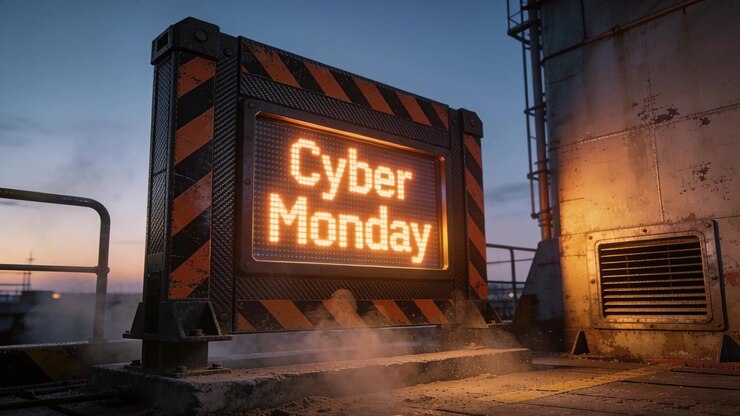 Panning camera revealing LED sign promoting Cyber Monday on rooftop platform, with rising steam