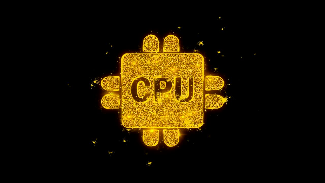 el icono de la cpu digital de la computadora hace chispas de partículas sobre un fondo negro.