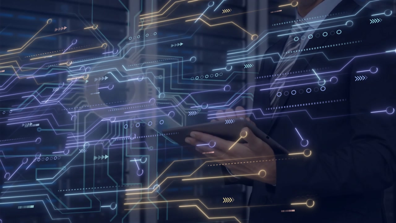 male IT tech tapping tablet and initiating network graphic on server racks for testing connectivity