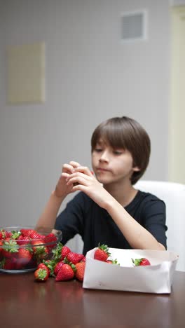 boy eating fresh strawberries