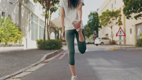 fitness woman, back or stretching legs for city