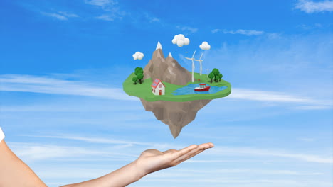 hand showing aircraft traveling around the floating island