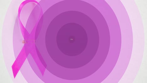 animation of pink ribbon, moving purple circles and breast cancer awareness on white background