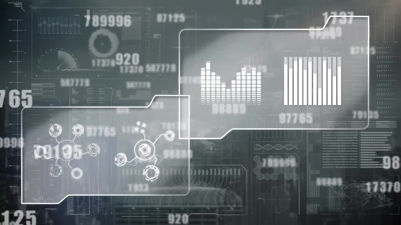 Animation of data processing over screens on black background