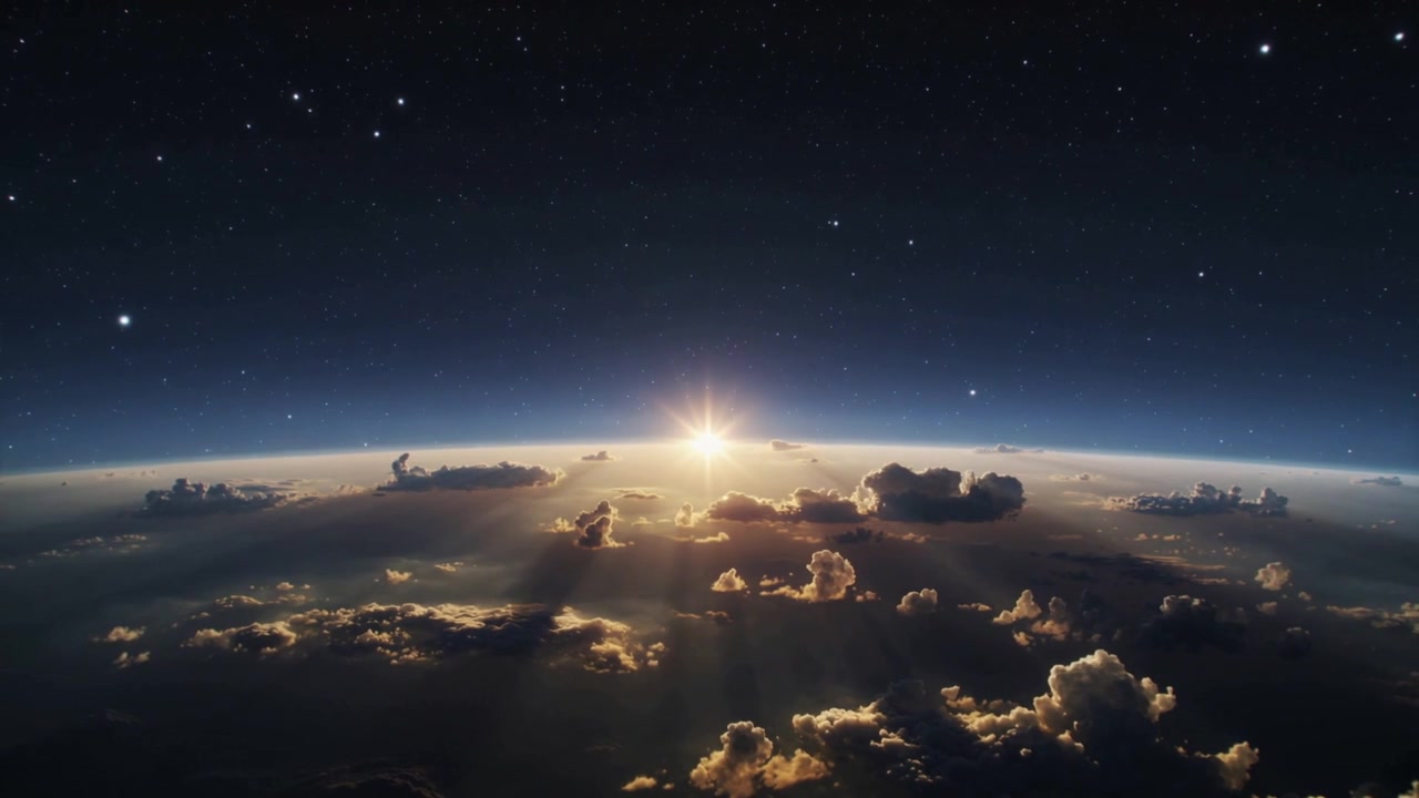 Rising Sun emerging at horizon, curved limb casting rays across clouds, brightening clouds in orbit