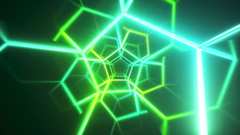 vuelo sin fin en el corredor con una curva de neón láser. iluminación ultravioleta moderna. espectro de luz verde azul. bucle sin costuras 3d render