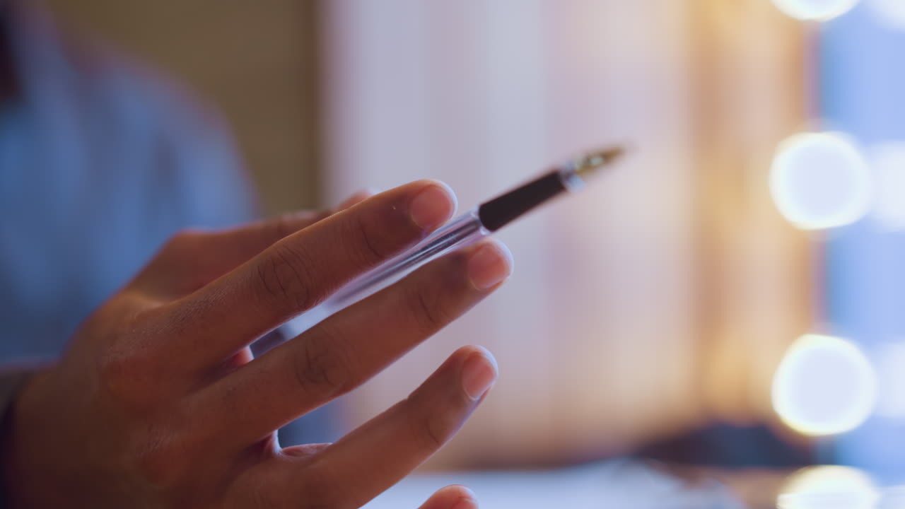Close-up of male hand gently holding pen against soft background lights, emphasizing focus, calmness, and precision in creative or professional environment with contemplative or introspective mood
