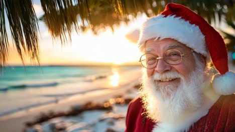 a man dressed as santa claus on the beach at sunset