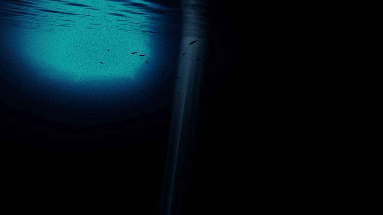 Mysterious underwater scenery in the dark water of a sea cave with a natural beam of sun light enlightening and shimmering on some rocks at the bottom, Vis island, Adriatic Sea, Croatia