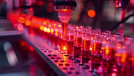 automated laboratory testing with glowing red vials