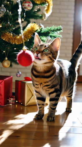 Playful Cat Exploring Christmas Tree and Gifts