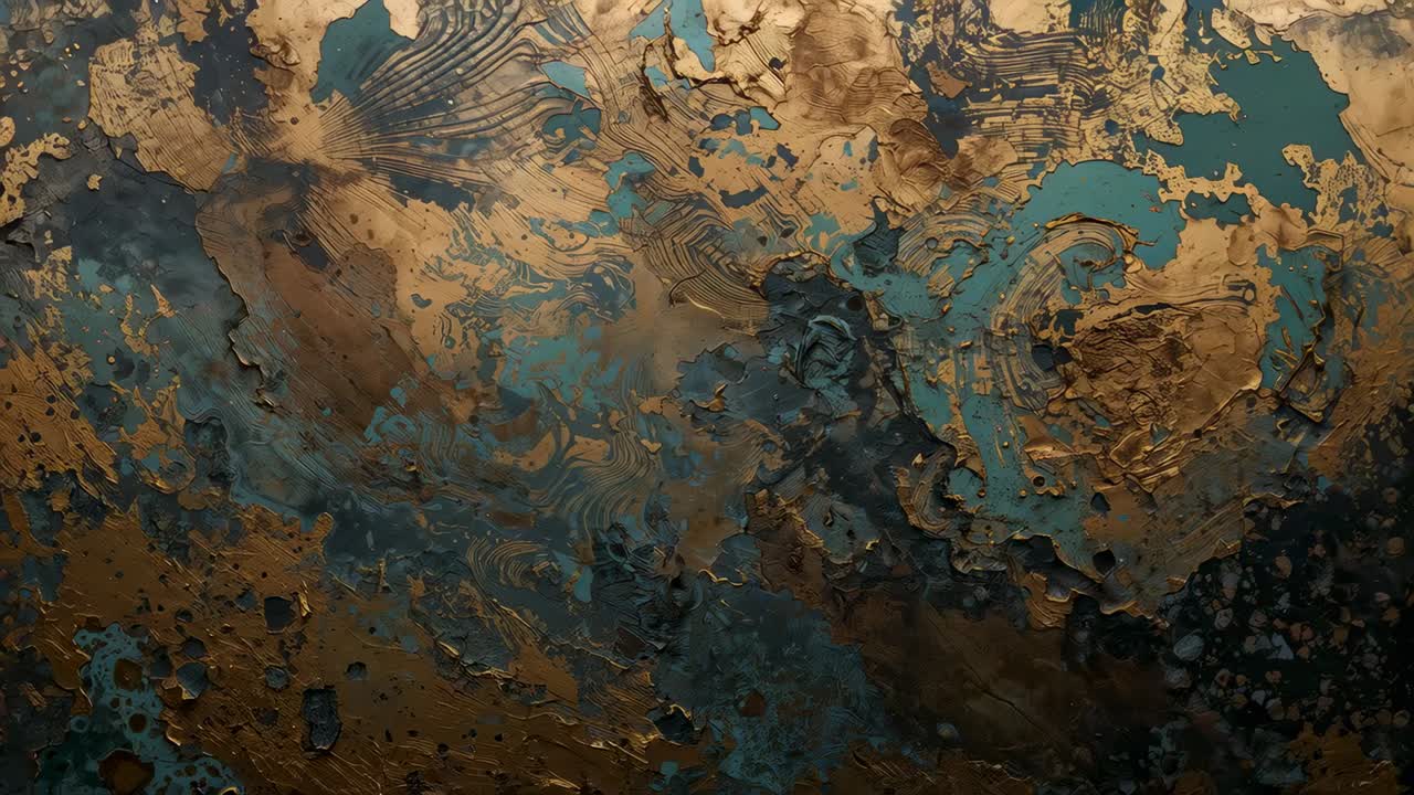 Shifting light revealing textured metallic panel in studio, showing gold teal patina and ridges