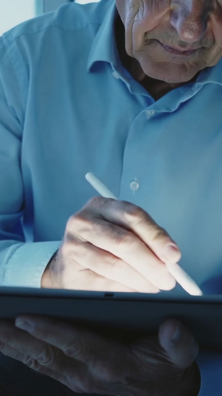 Bringing stylus close, senior man in light blue shirt focusing, making strokes on tablet at home