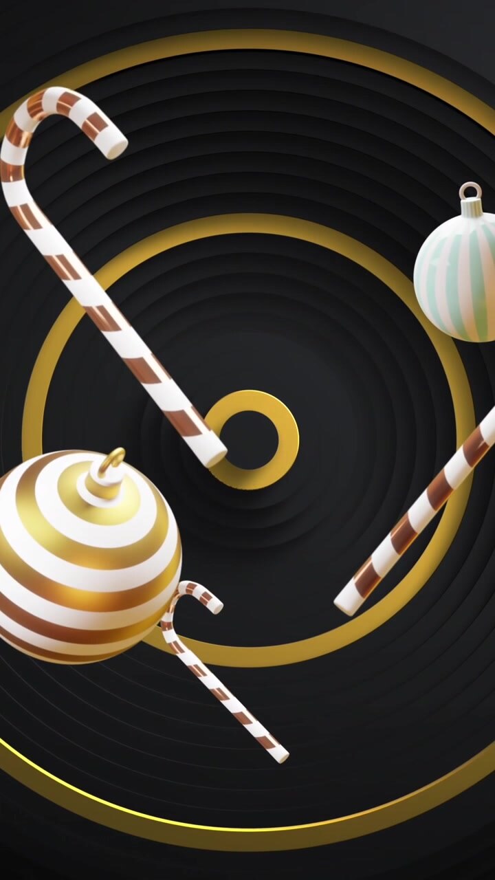 Christmas baubles, gifts and candy canes over gold concentric rings on black background