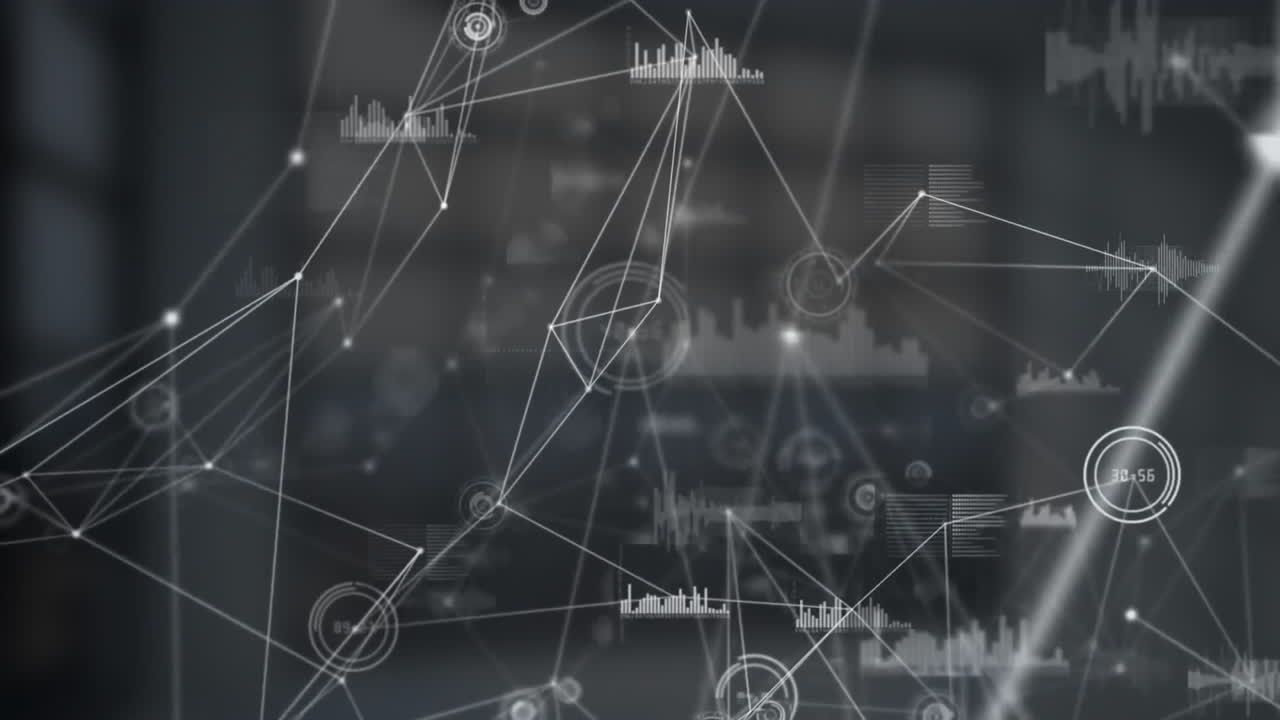 Netværk af forbindelser og animation af databehandling over en mørk sløret baggrund