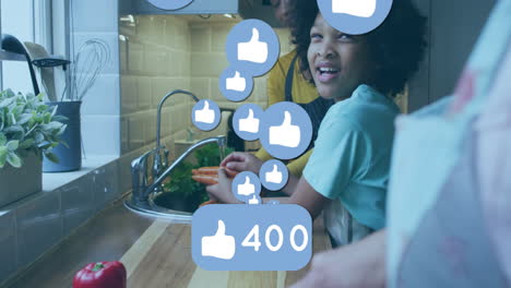 Mother guiding daughter washing carrots in home kitchen, showing food marketing social media likes
