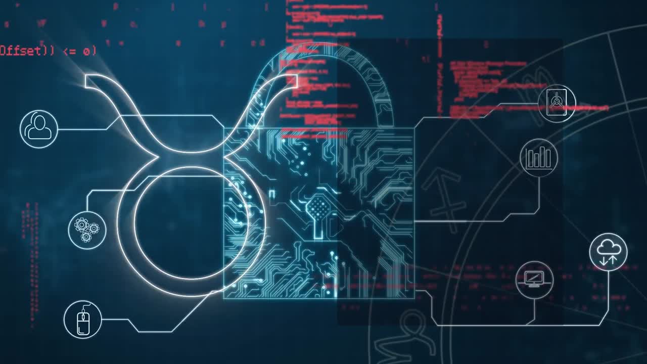 animación del signo y el icono del candado sobre el procesamiento de datos en fondo negro