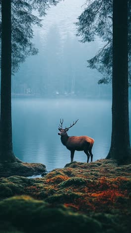 deer by the misty lake in the forest