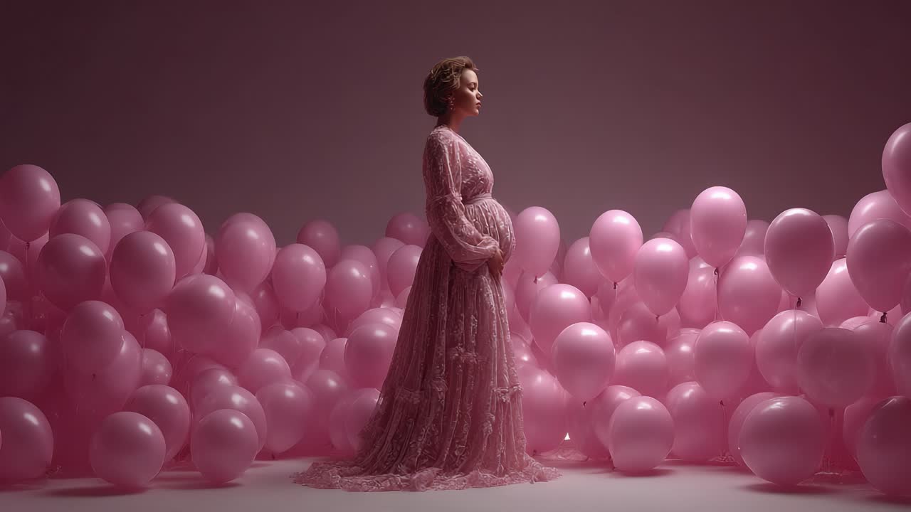A Radiant Expecting Mother Surrounded by a Dreamy Array of Pink Balloons, Capturing the Magic of Anticipation and Joy in a Stunning Artistic Setting
