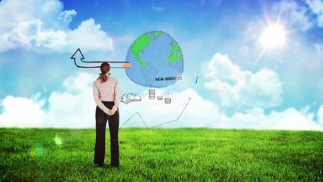 mujer de negocios mirando una tormenta de ideas digitales