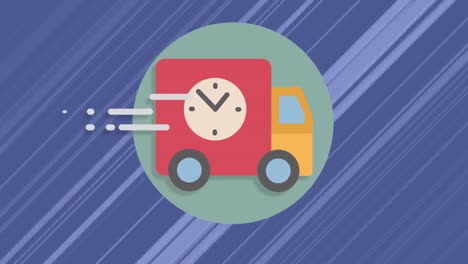 Digital-animation-of-delivery-truck-icon-with-ticking-clock-moving-against-light-trails-on-blue-back