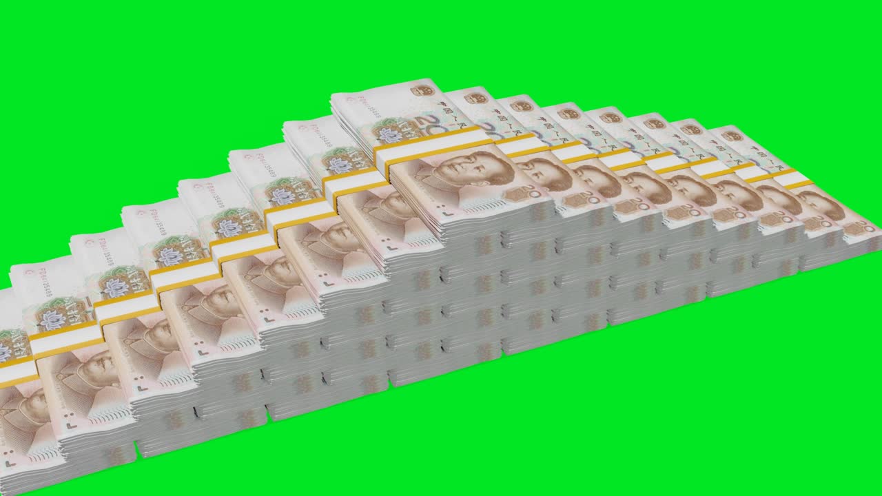 Many wads of money  chromakey background. 20 Chinese Yuan banknotes. Stacks of money.