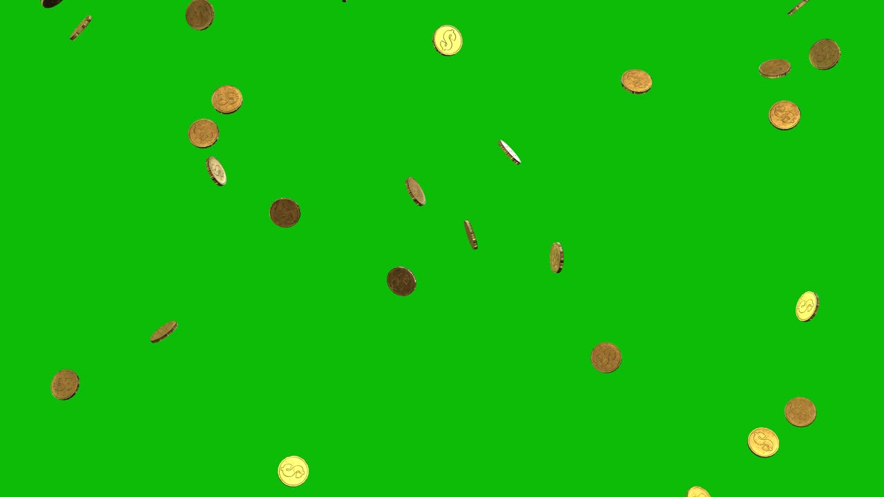 Glowing gold coins falling from the top of the frame on green screen 3D animation, camera closer