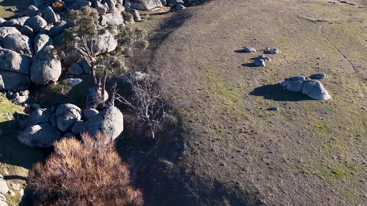 Ripresa aerea con drone di formazioni rocciose di granito e colline erbose a Uralla, Nuovo Galles del Sud