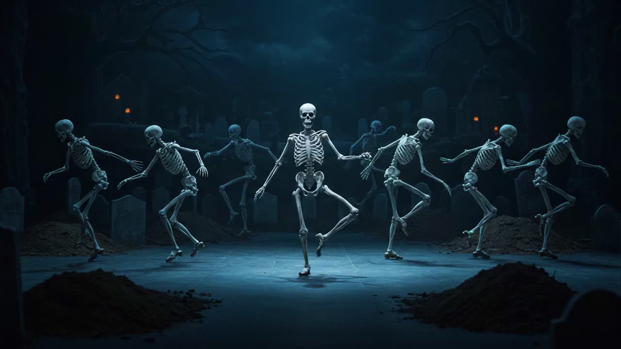 A Chilling Dance of Skeletons Surrounded by Graves: Captivating Frames Illustrating a Spooky Nighttime Performance in a Graveyard Setting