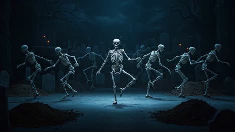 a chilling dance of skeletons surrounded by graves: captivating frames illustrating a spooky nighttime performance in a graveyard setting