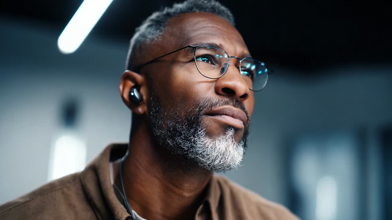 A Thoughtful Man with Grey Hair and Glasses Wearing Earbuds Is Pondering in a Modern Environment, Showcasing Contemplation and Focus Amidst a Minimalistic Background