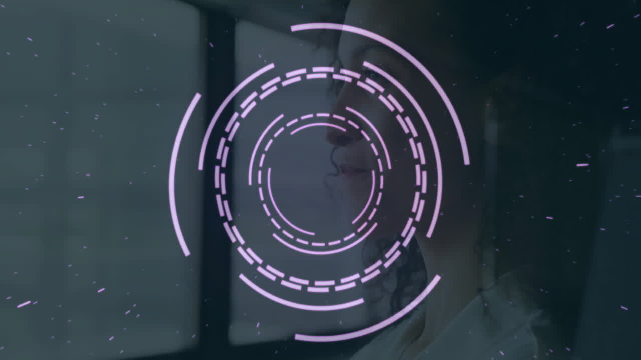 In office, person working with futuristic digital interface animation on screen