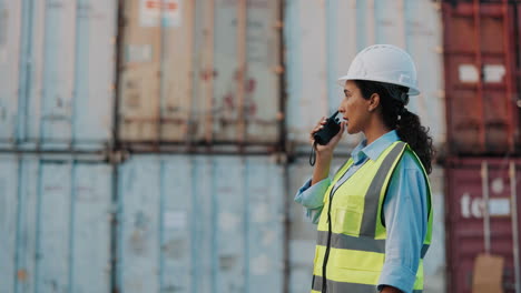 female worker communicating at port dock