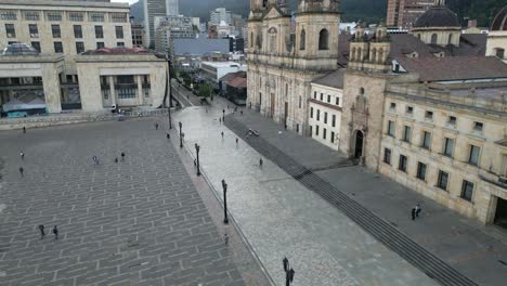 Aerial-Drone-Fly-Above-Primatial-Cathedral-of-Bogota-Colombia,-Colonial-Facade,-Architecture,-South-America