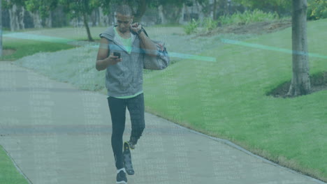 man walking in park using smartphone with data processing animation overlay